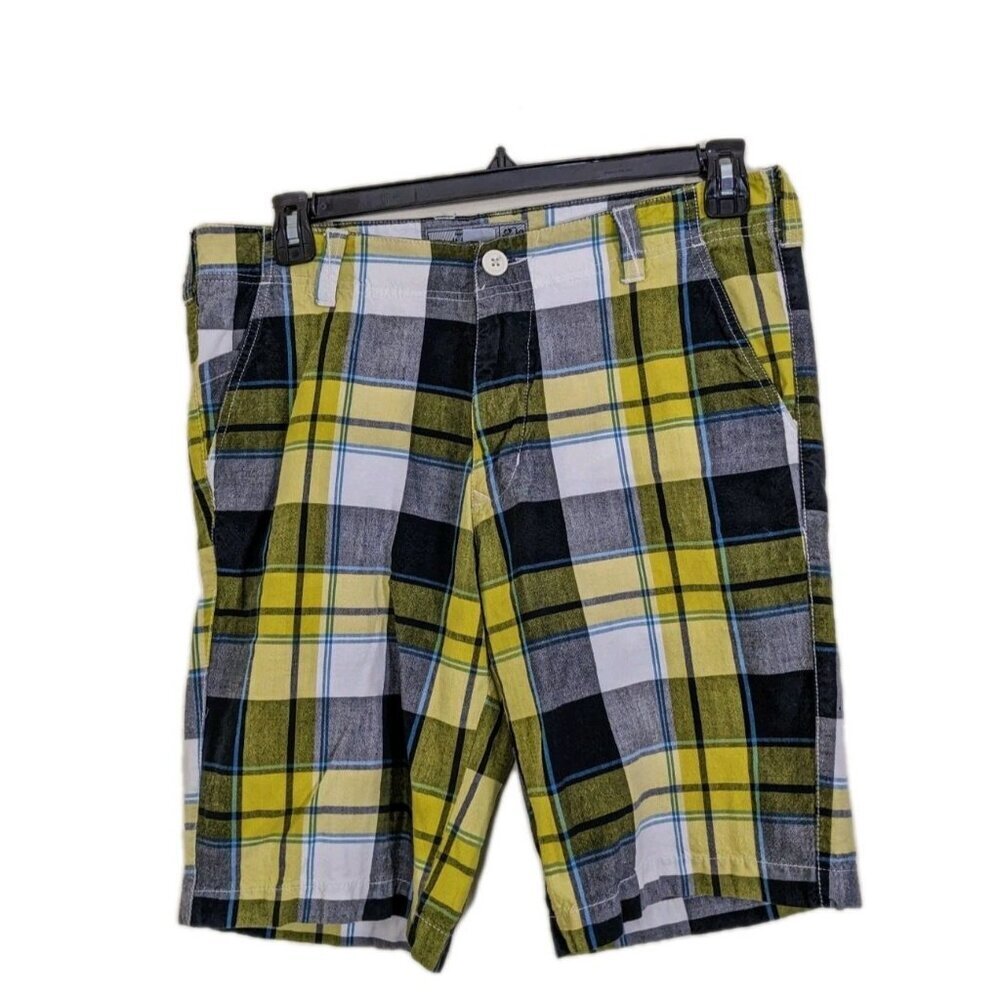 Rumors Mens Size 32 Shorts Flat Front Blue Yellow Plaid Brushed Cotton Pockets